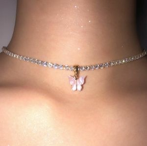 Gold Crystal Necklace with Pink Butterfly Charm